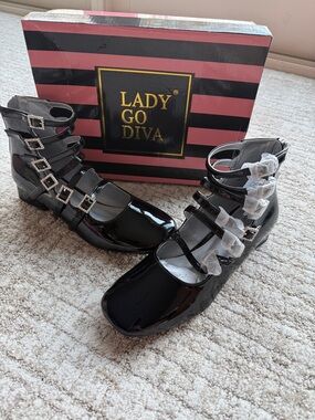 Women's Black Patent Strappy Ankle StackedHeels